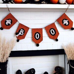 Halloween "Boo" Sign Banner with Ghosts & Black Pom Poms Party Tree Decor 4ft